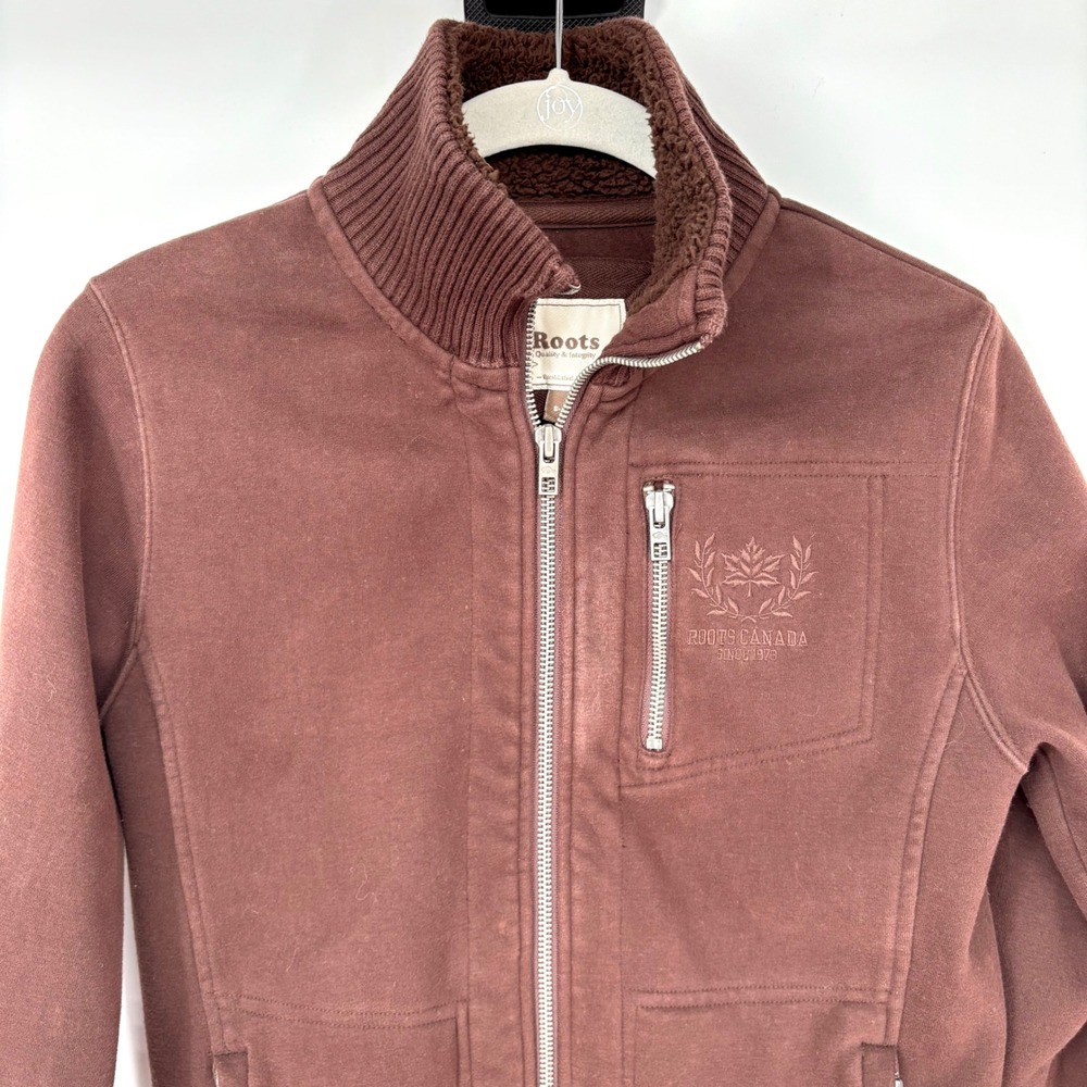 Roots Canada Full Zip Track Jacket Sz S Brown Retro Y2K Stretch Knit Thumb Holes - Picture 3 of 14